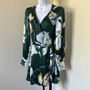 Reformation Forest Green Floral Wrap Mini Dress